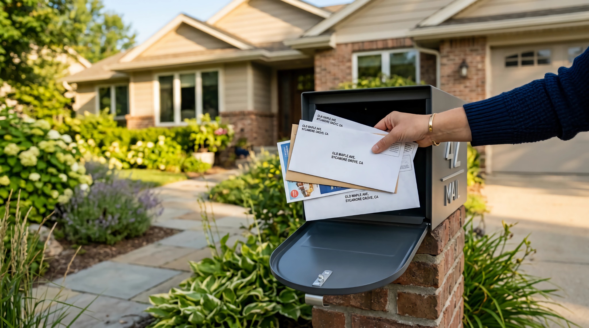 A resident collecting direct mail from a neighborhood mailbox